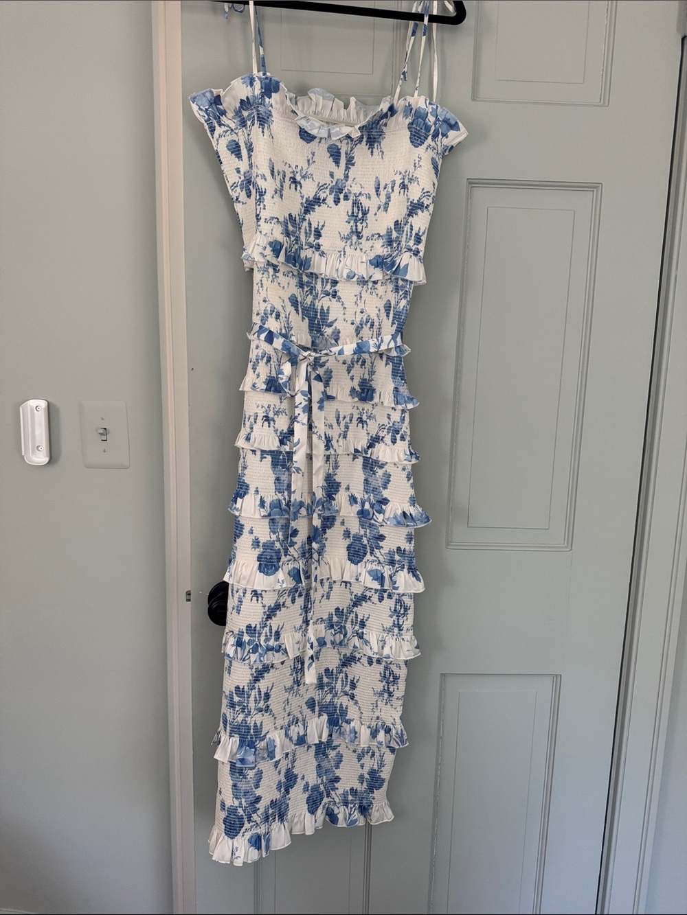 V. Chapman White & Blue Floral Ruffle Maxi Dress